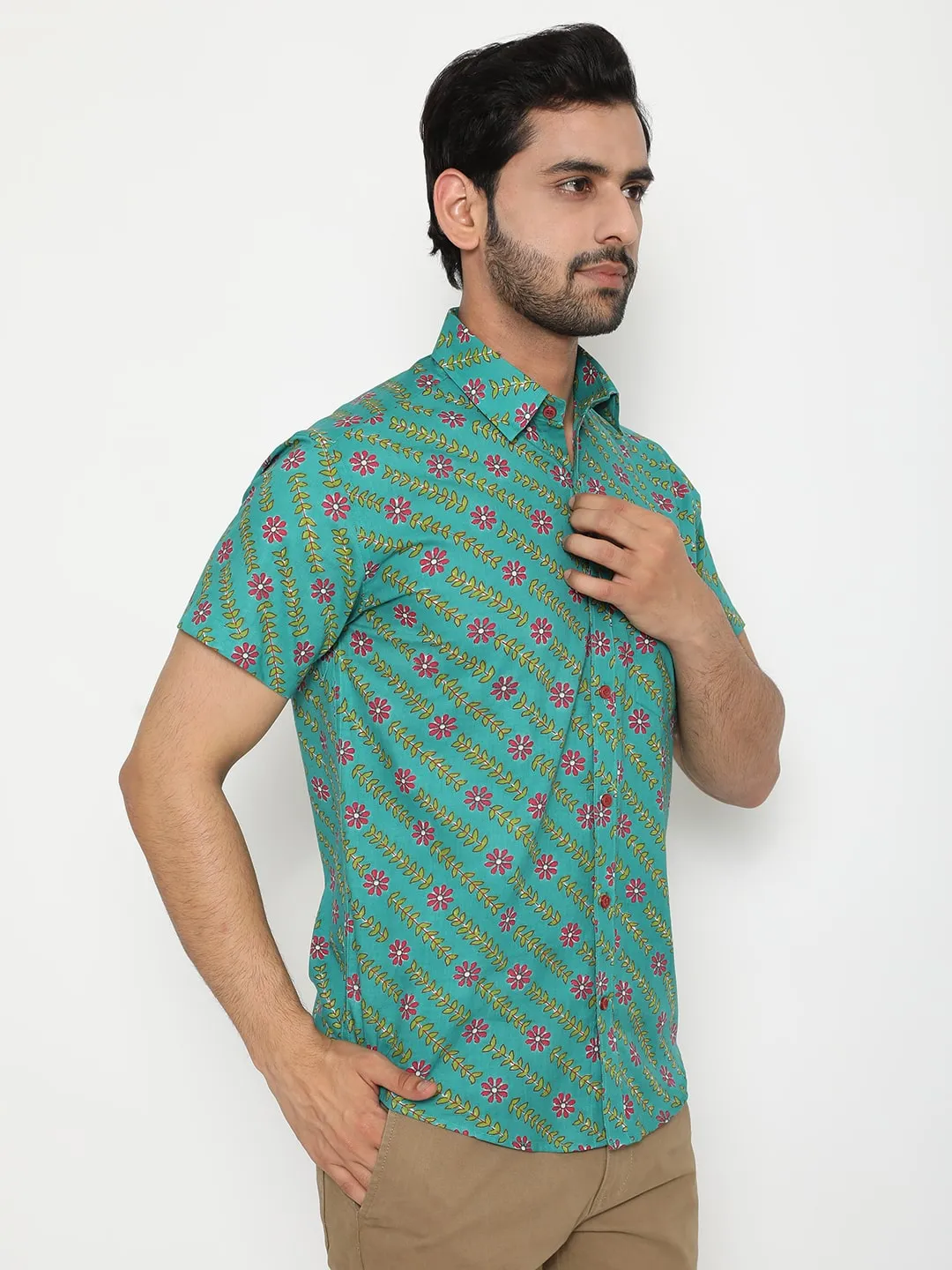 Aqua blue Short Sleeve Cotton Slim Hand Block Printed Men’s Shirt