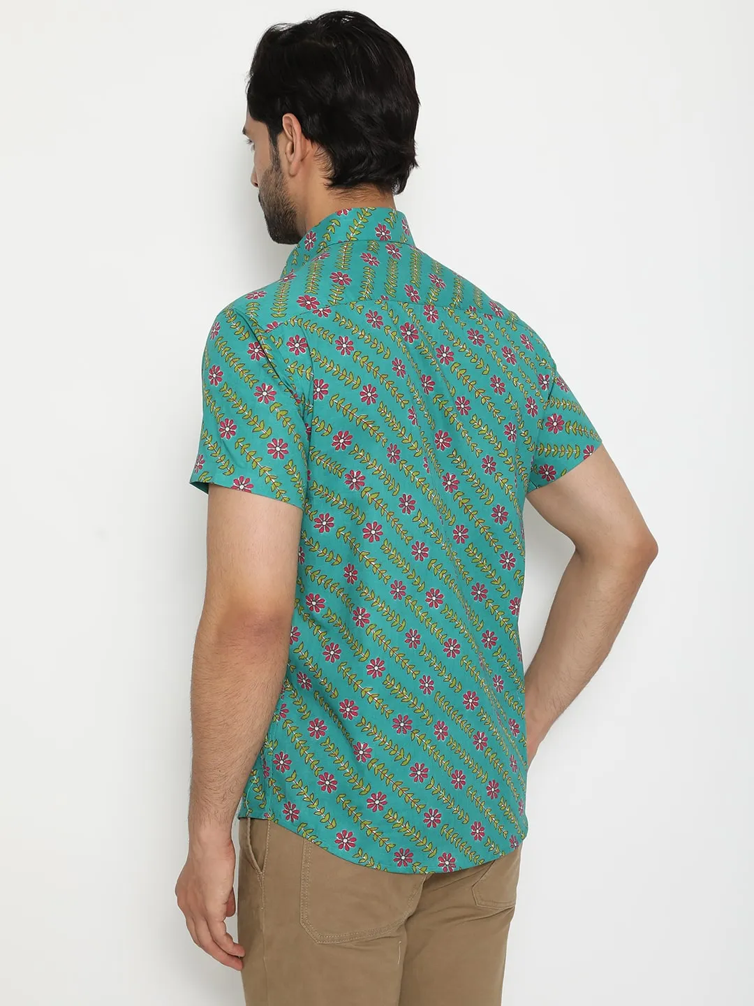 Aqua blue Short Sleeve Cotton Slim Hand Block Printed Men’s Shirt