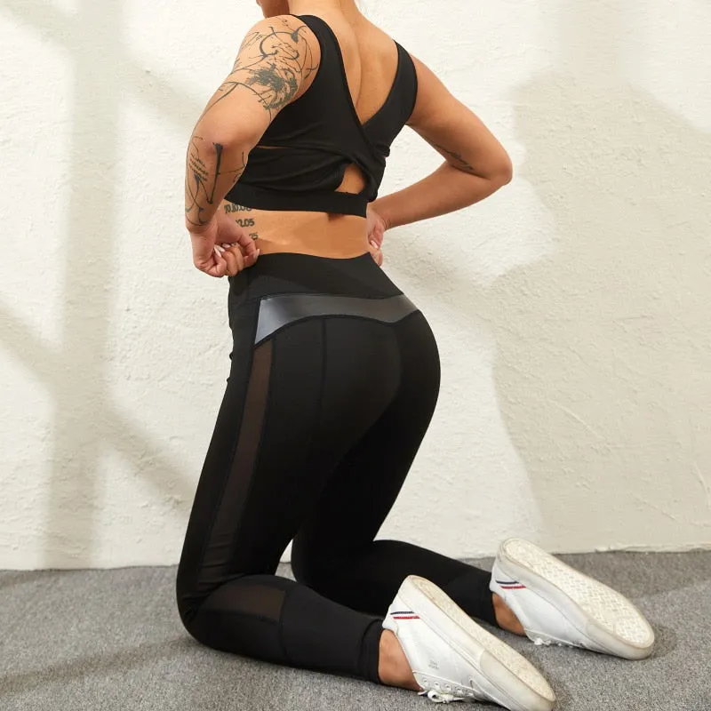 CHRLEISURE High Waist Fitness Leggings Women for Legging Workout Women Mesh And PU Leather Patchwork Legging