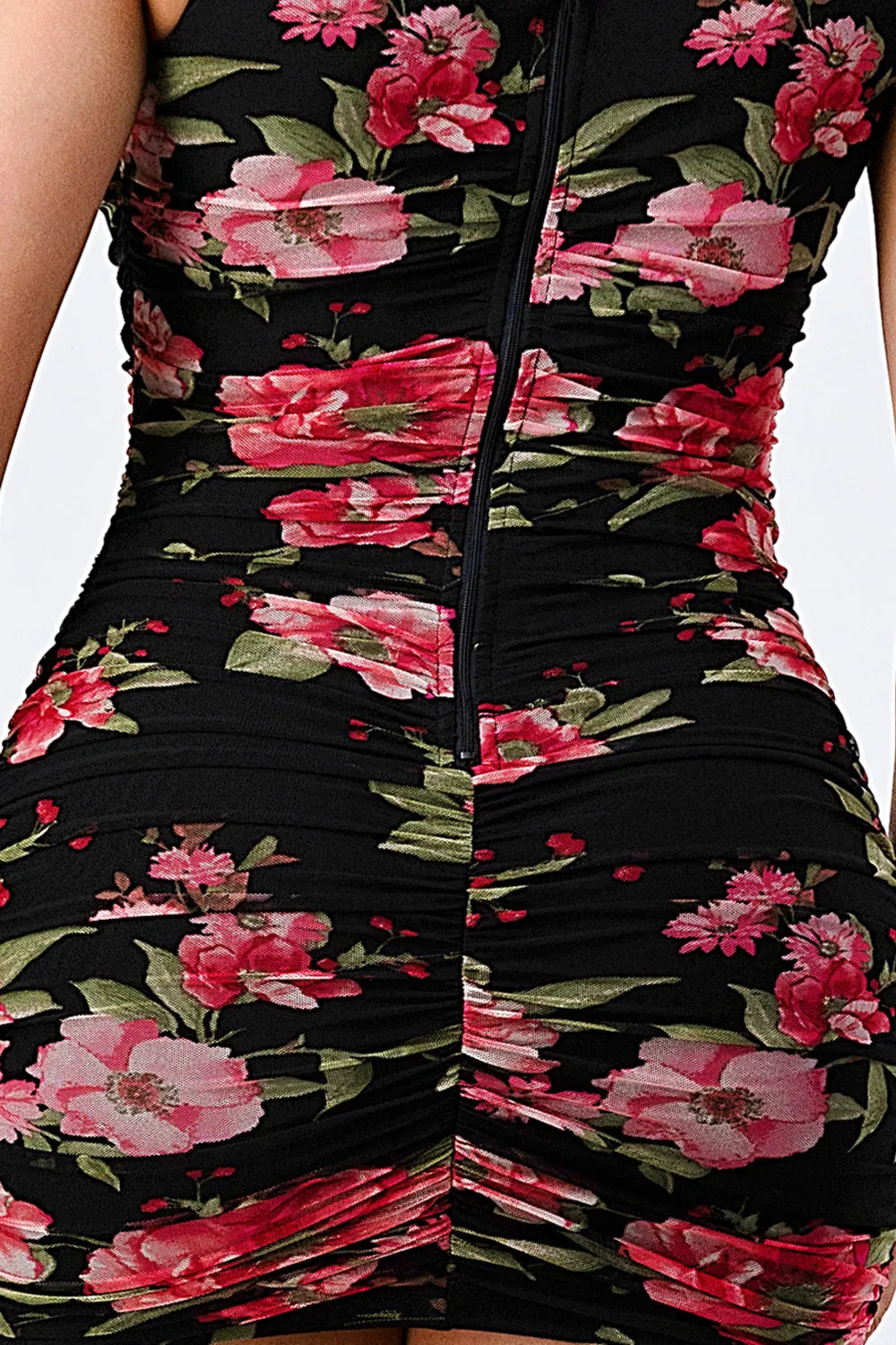 FLORAL SQUARE NECK RUCHED BODYCON MINI DRESS