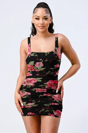 FLORAL SQUARE NECK RUCHED BODYCON MINI DRESS