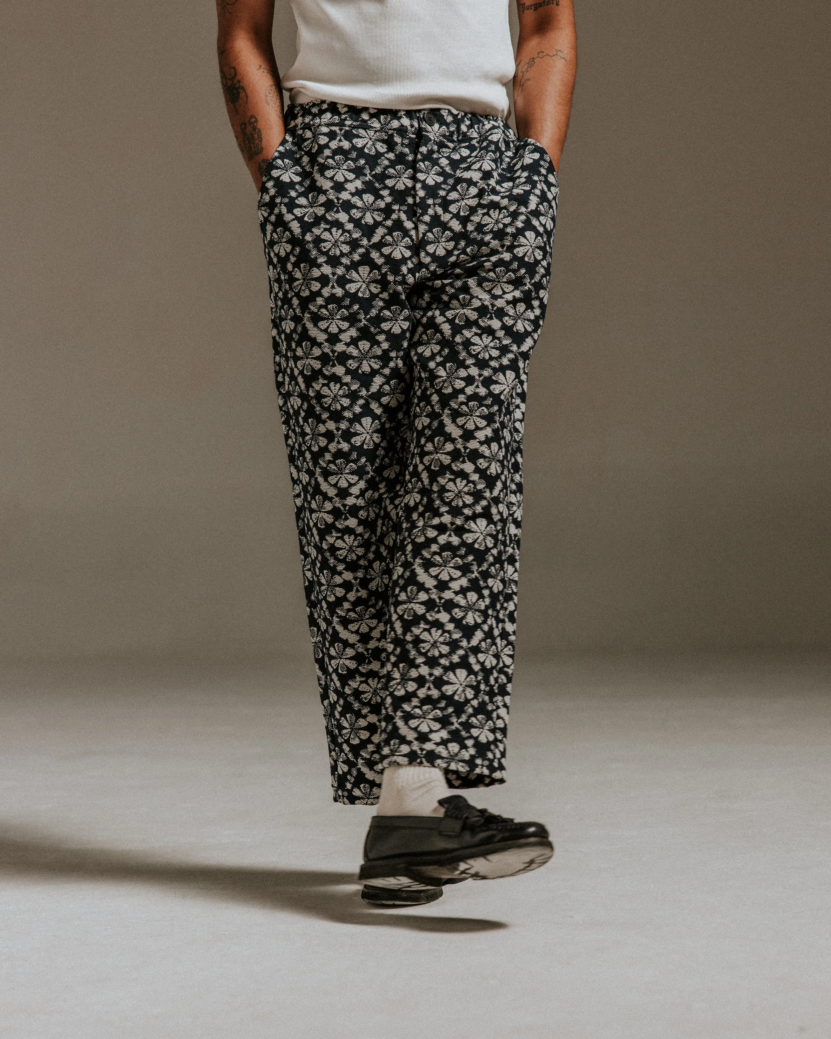 Kurt - Navy Flower Stamp Jacquard Trousers