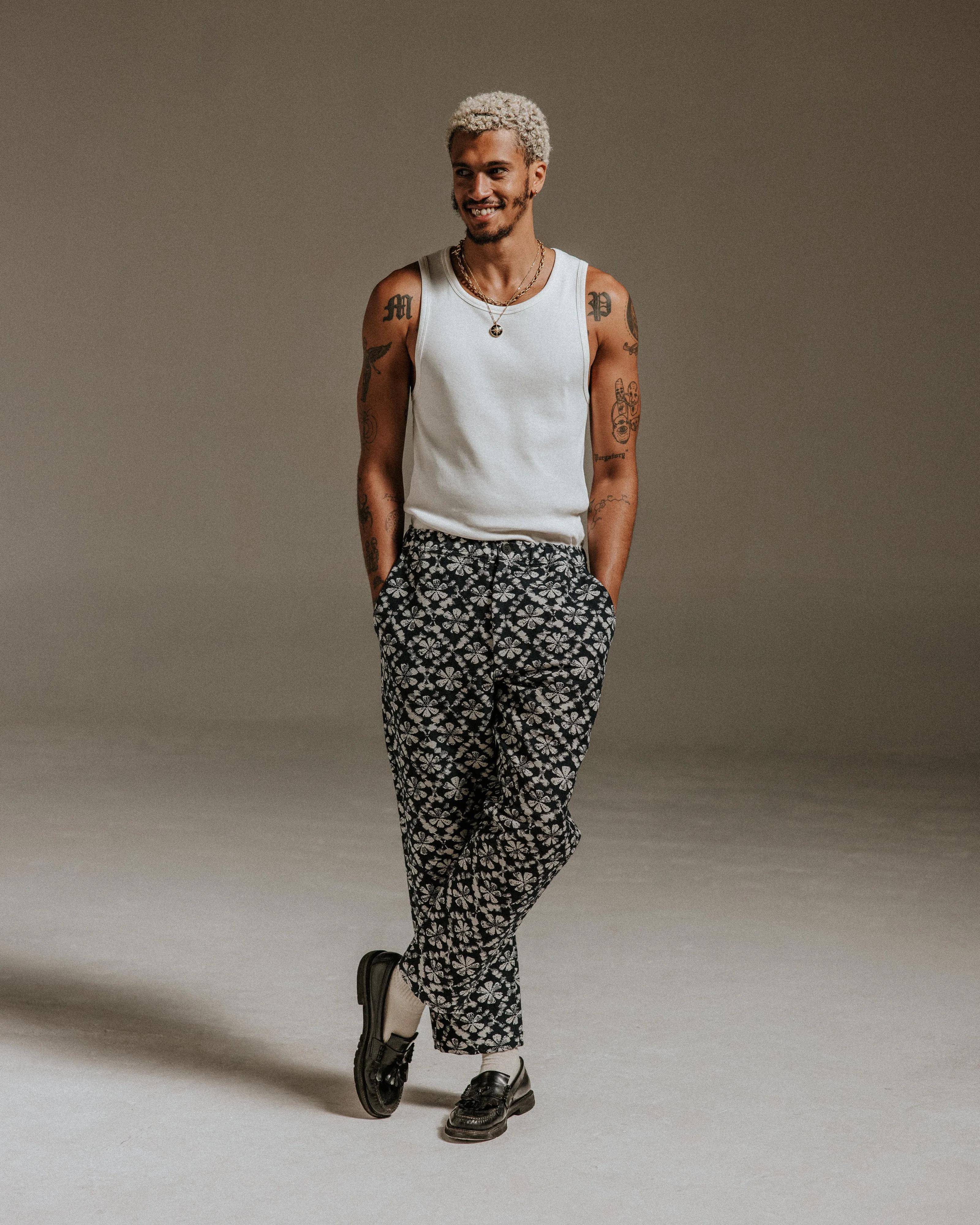 Kurt - Navy Flower Stamp Jacquard Trousers