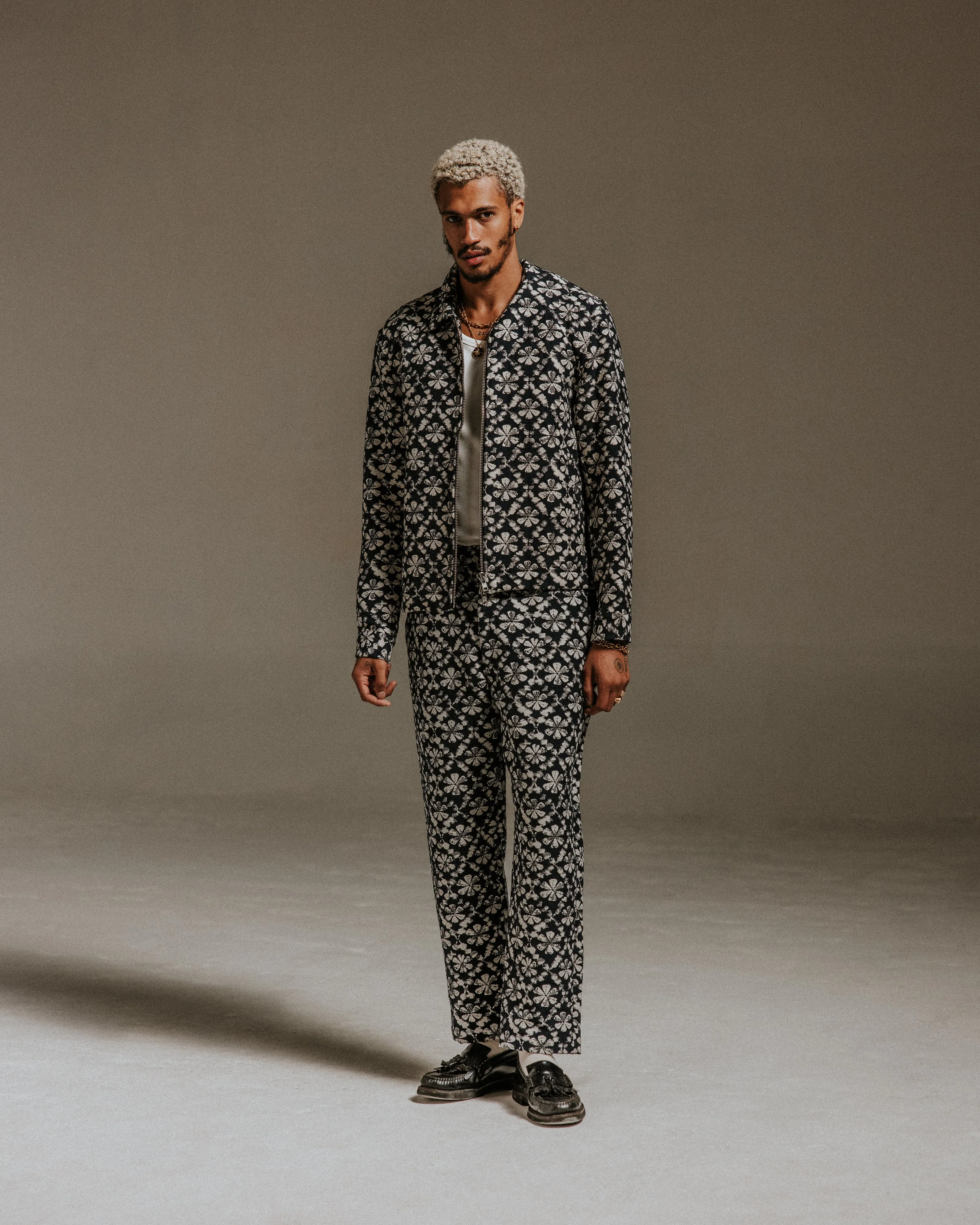 Kurt - Navy Flower Stamp Jacquard Trousers