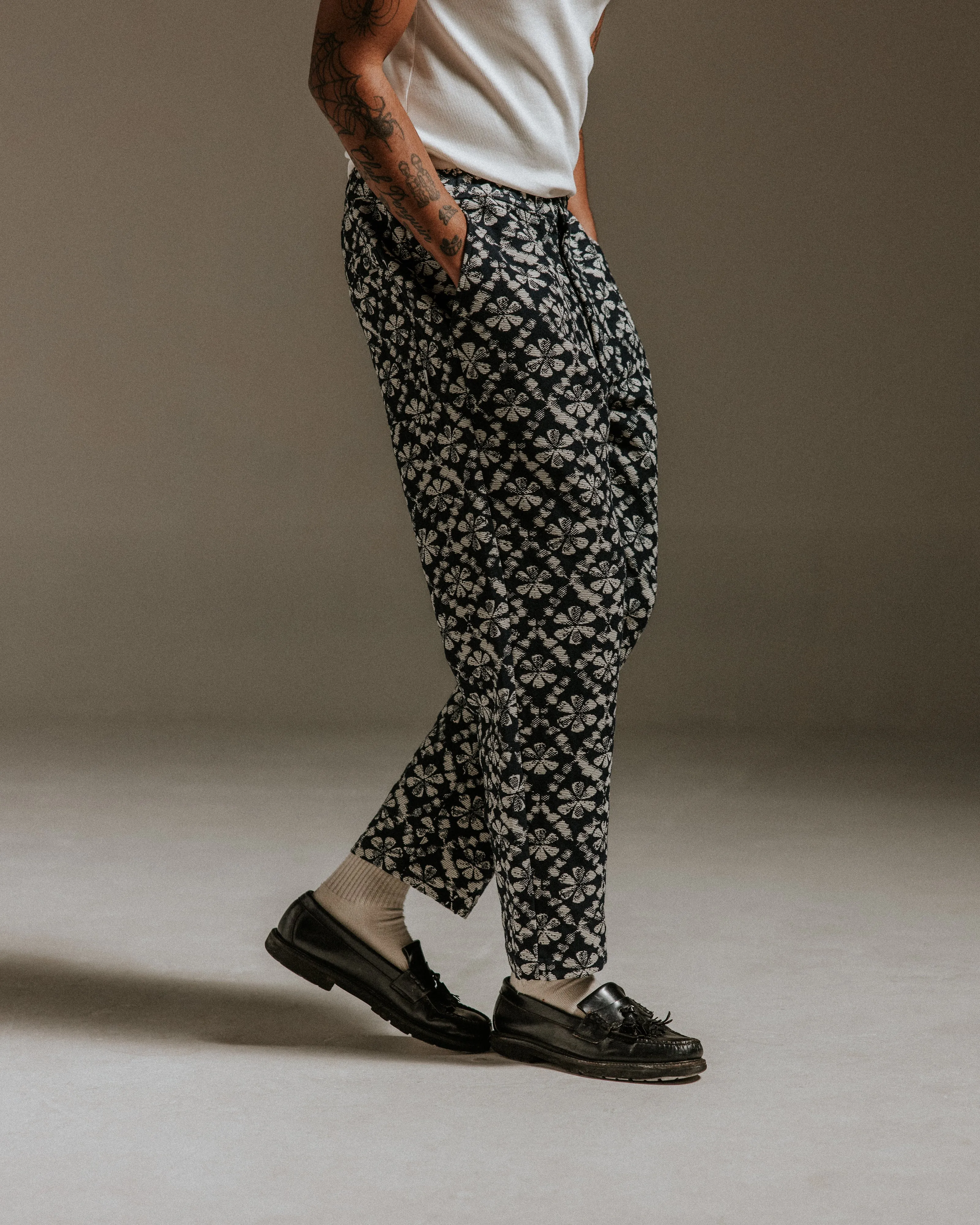 Kurt - Navy Flower Stamp Jacquard Trousers
