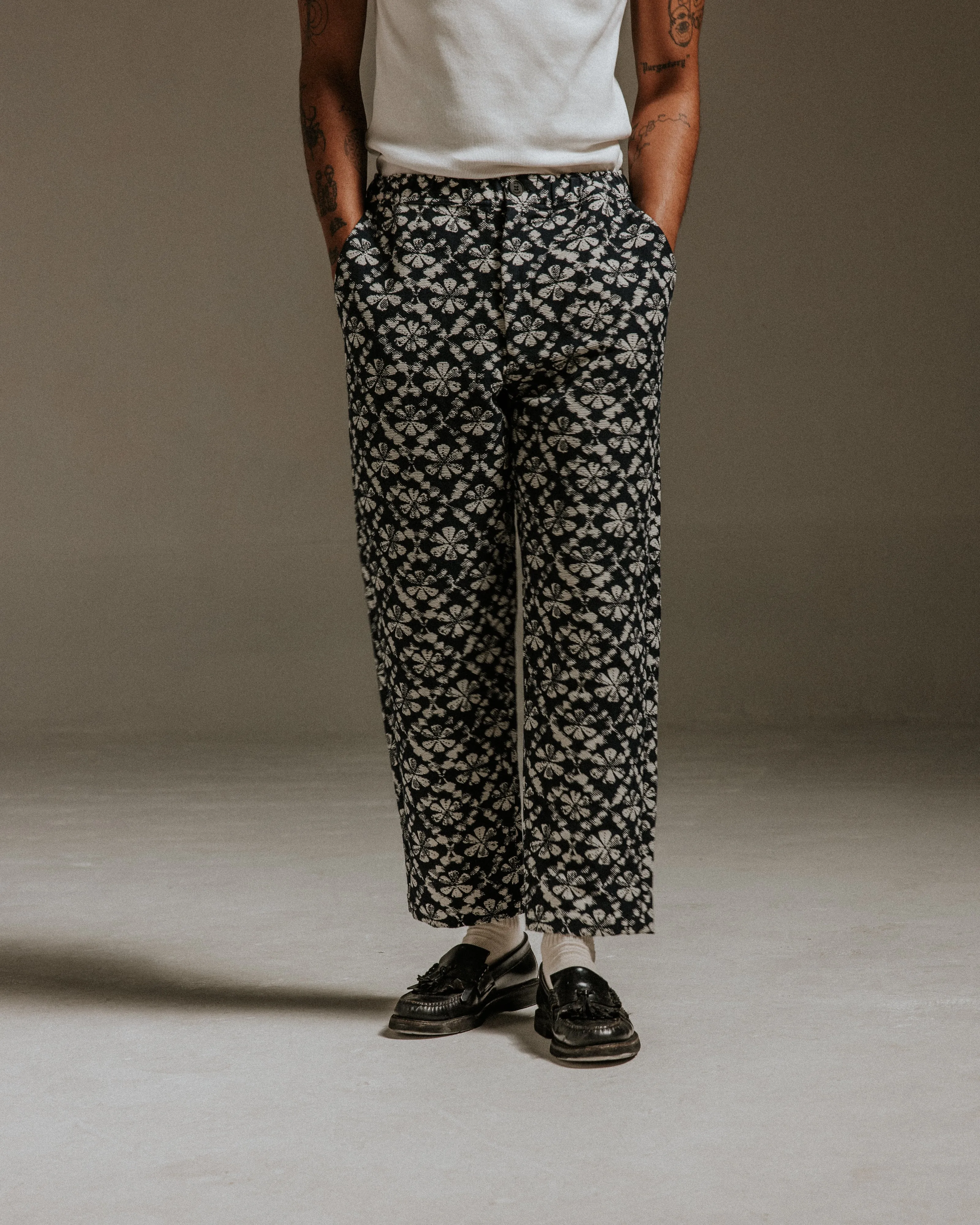Kurt - Navy Flower Stamp Jacquard Trousers