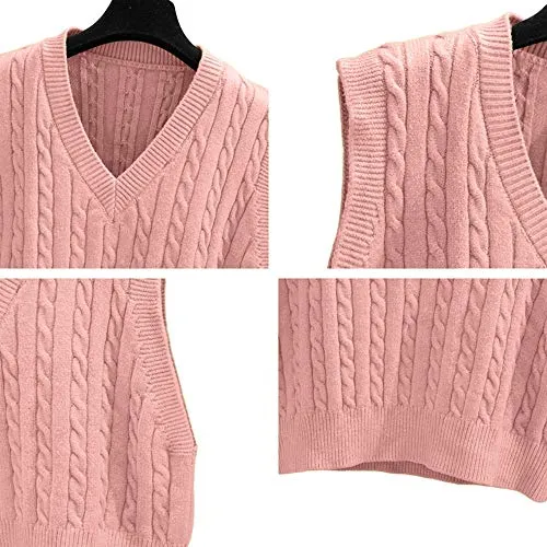 Lailezou Women's V-Neck Knit Sweater Vest Solid Color Argyle Plaid Preppy Style Sleeveless Crop Knit Vest Pink
