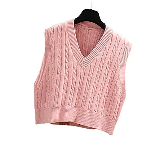 Lailezou Women's V-Neck Knit Sweater Vest Solid Color Argyle Plaid Preppy Style Sleeveless Crop Knit Vest Pink
