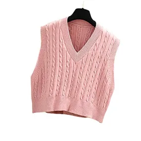 Lailezou Women's V-Neck Knit Sweater Vest Solid Color Argyle Plaid Preppy Style Sleeveless Crop Knit Vest Pink