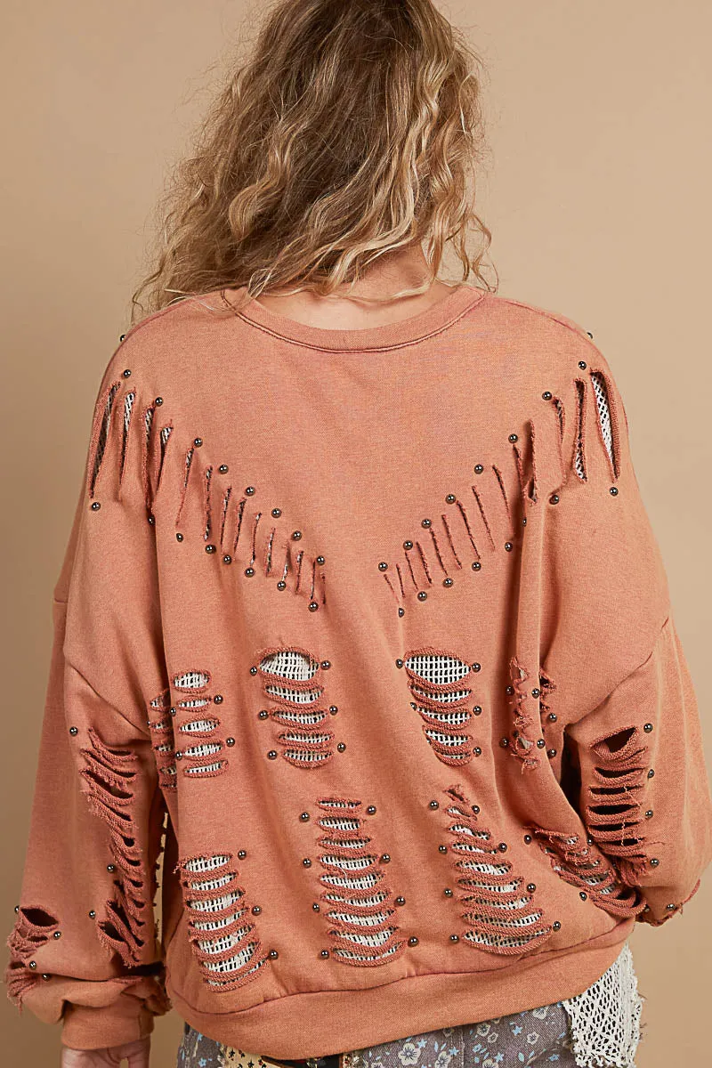 POL Cut Out Sweatshirt with Thermal Insert and Studs
