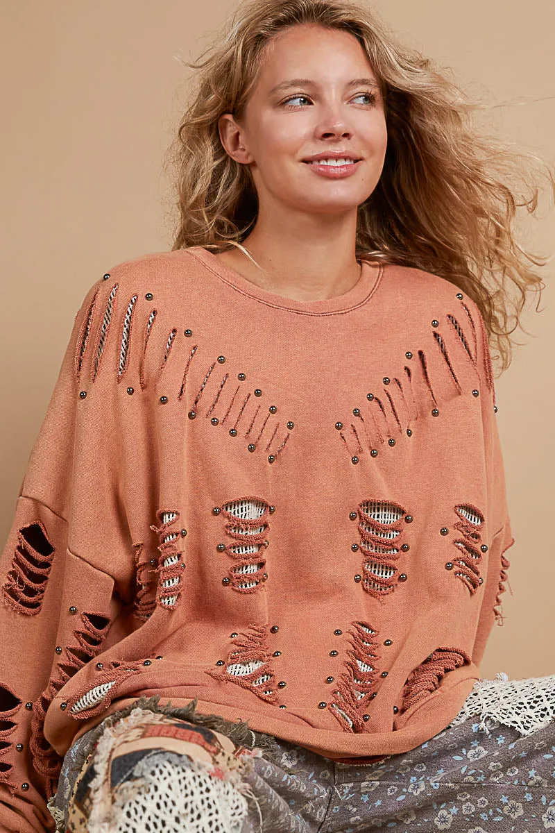POL Cut Out Sweatshirt with Thermal Insert and Studs