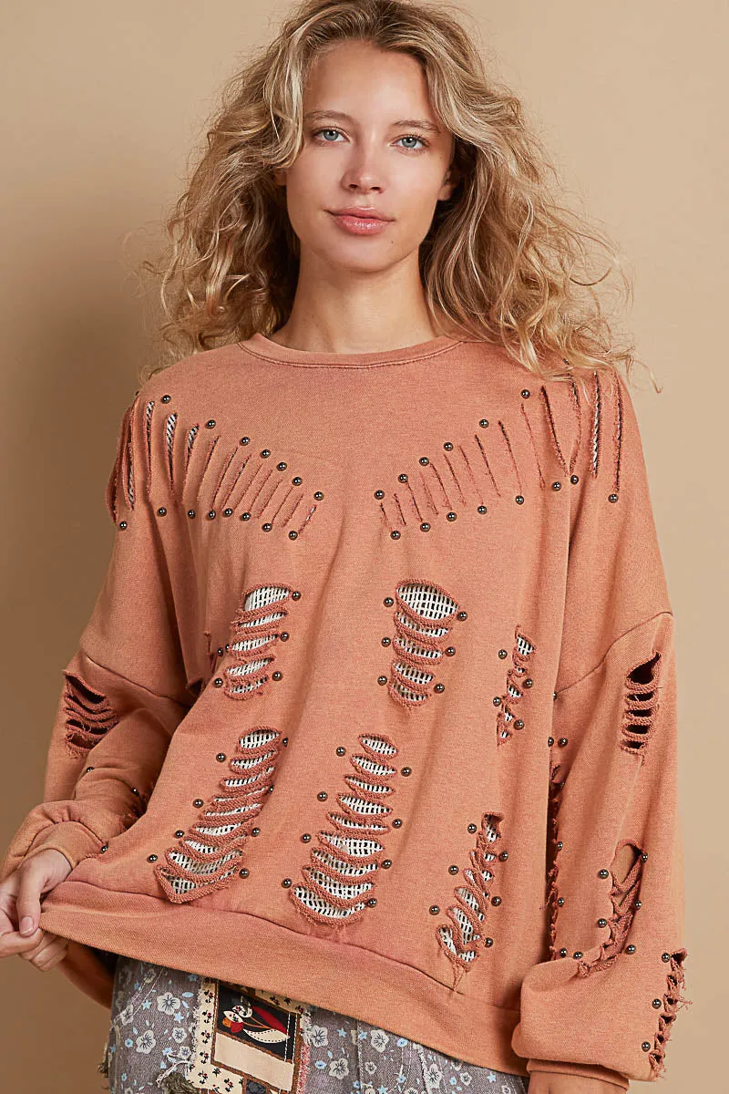 POL Cut Out Sweatshirt with Thermal Insert and Studs