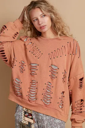 POL Cut Out Sweatshirt with Thermal Insert and Studs